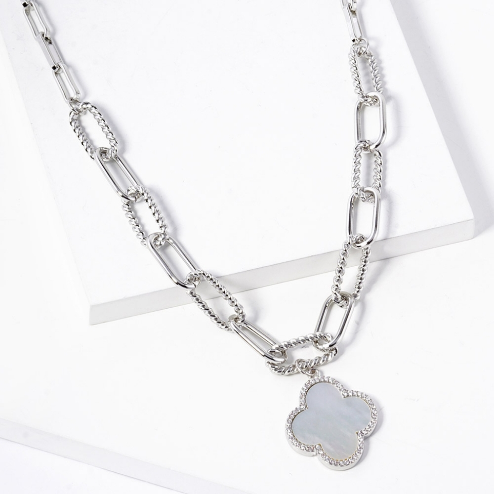 White Gold Dipped Quatrefoil Clover Chain Necklace PaperClip Link Pendant
